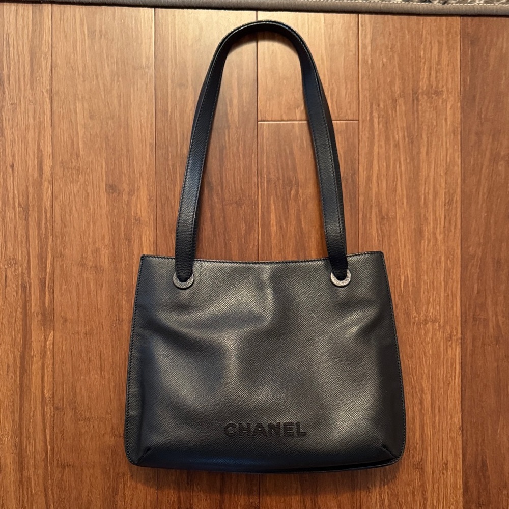 CHANEL Caviar Logo Black Leather Shoulder Tote with Embossed Logo